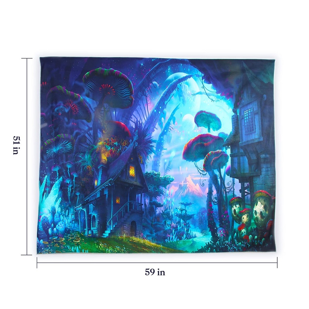 Large Trippy Psychedelic Mushroom Hut In The Forest Tapestry Wall Art Hanging - Picture 2 of 11